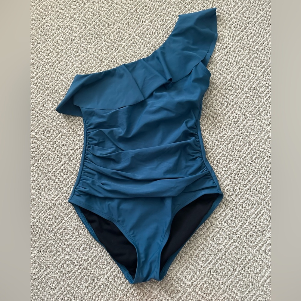 One-Shoulder Ruffle Swimsuit - Blue - Picture 2 of 4